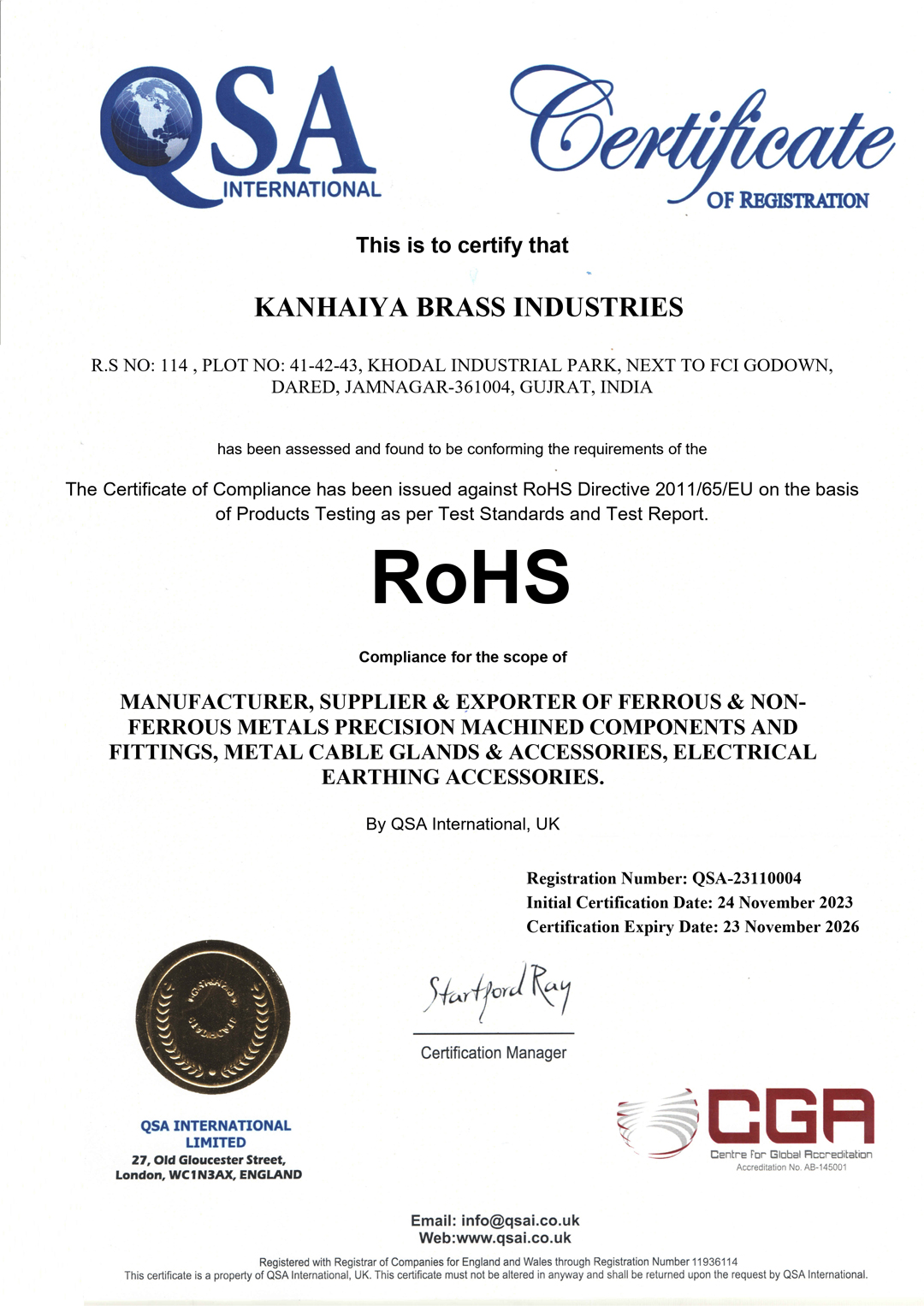 QSA RoHS Certificate | Kanhaiya Brass Industries